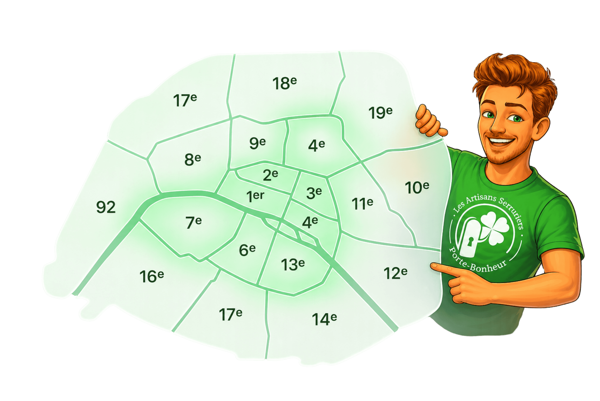 Mascotte Porte-Bonheur pointant la carte des arrondissements de Paris